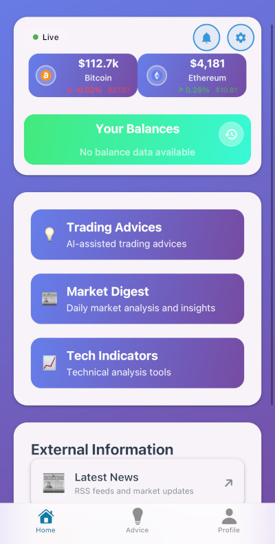 Vygrant Crypto AI main app screen showing live market data, AI recommendations, and portfolio tracking